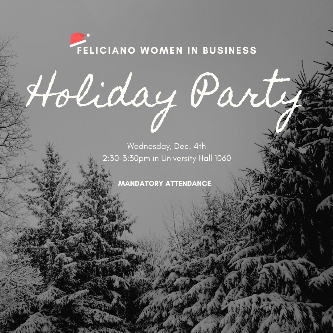 Today we will be having our holiday party 🎄from 2:30- 3:30 pm in University Hall 1060! This will be our last meeting for the semester, and attendance is MANDATORY for all members as we will be conducting the voting. We will also have holiday treats! See you then ⛄️❄️