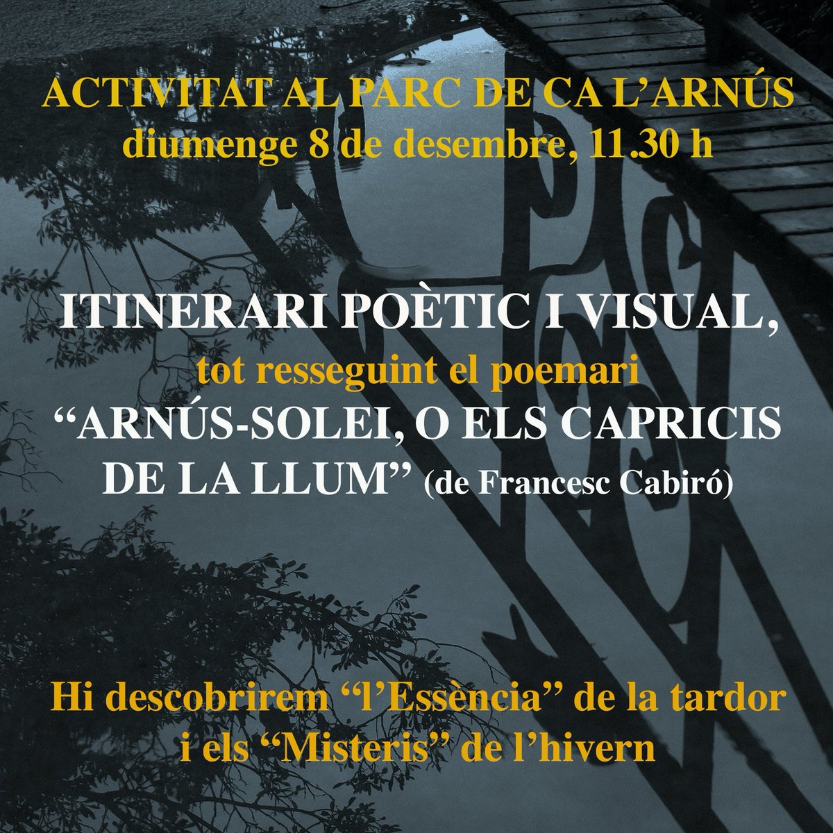 Diumenge 8 gaudirem de l'activitat poètica d'en Francesc Cabiró, fotògraf coneixedor del <a href="/ParcsplatgesAMB/">Parcs i platges AMB</a> Can Solei i Ca l'Arnús, dins l'oferta de #Jugatecambiental  <a href="/AvvMorera/">Avv Morera-Badalona</a> <a href="/AdonaBDN/">Assoc. Dona i cultura Badalona</a> <a href="/culturaBDN/">Cultura Aj. Badalona</a> <a href="/BadalonaTurisme/">Badalona Turisme</a> <a href="/avcentrebdn/">AV Centre</a> <a href="/Obradordelarie1/">Obradordelariera</a> <a href="/Totbadalona/">TOT Badalona</a>  <a href="/BdnElsVerds/">Associació ELS VERDS DE BADALONA</a>