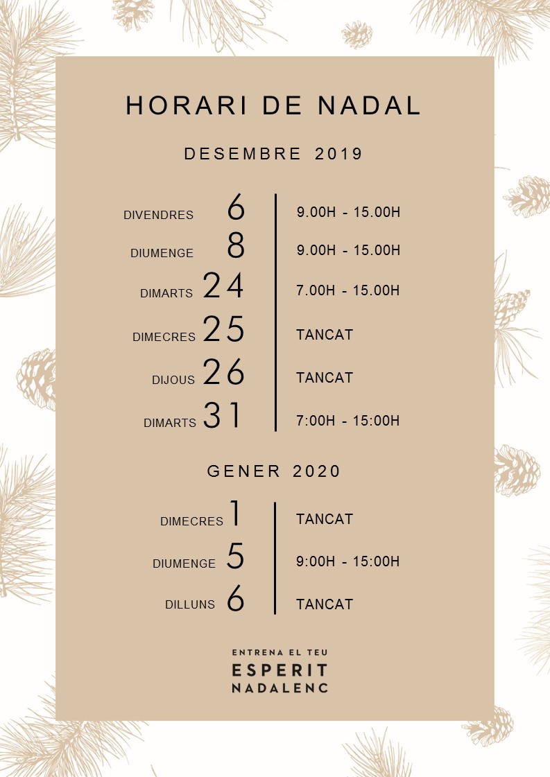 Horari de Nadal. El dissabte 7 de #desembre realitzarem les següents classes:
- 10:00 h - 10:45 h Spinning
- 11:00 h – 11:45 h Tonificació
#horarinadal <a href="/CANARIMON/">Ca n'Arimon</a>