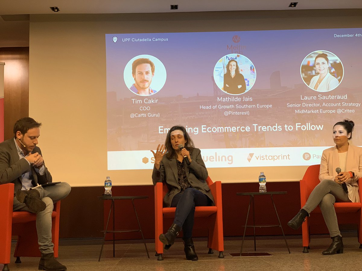 Emerging Ecommerce Trends To Follow 
Laura Sauteraud - Senior Director Account Strategy MidMarket Europe <a href="/criteo/">Criteo</a> 
Mathilde Jais Head Growth Southern Europe <a href="/Pinterest/">Pinterest</a>
Tim <a href="/CakirTim/">Tim Cakir</a> COO <a href="/CartsGuru/">Carts Guru</a>
<a href="/MeltinlabBCN/">meltinlab_barcelona</a> #Meltinlab10
Sponsors: <a href="/spacesworks/">Spaces</a> <a href="/vueling/">Vueling Airlines</a> <a href="/vistaprint/">VistaPrint</a> and <a href="/PayFit/">PayFit France</a>