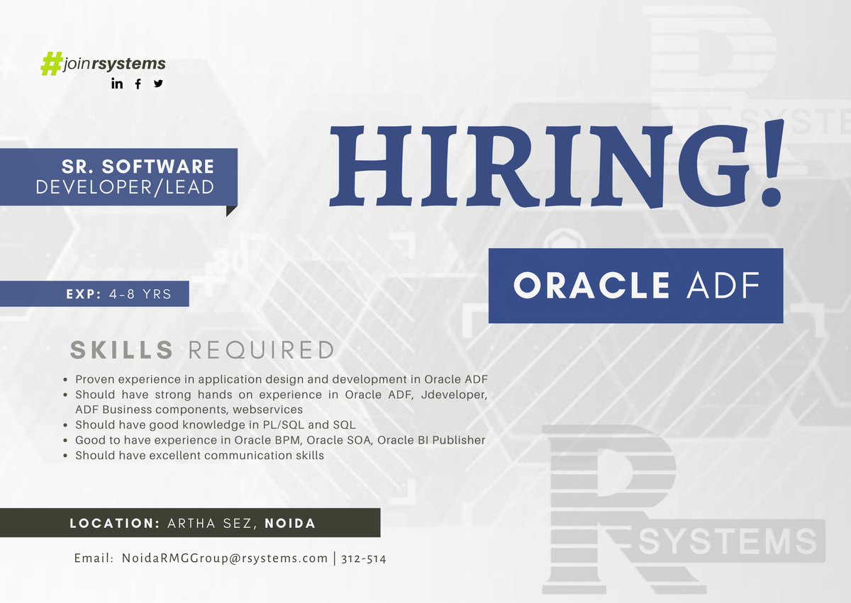 JoinRSystems's tweet image. #𝙍𝙨𝙮𝙨𝙩𝙚𝙢𝙨𝙃𝙞𝙧𝙞𝙣𝙜 #OracleADF
Refer/share your resume at -NoidaRMGgroup@rsystems.com.
Tag your friends in the comments section below.
𝙁𝙊𝙇𝙇𝙊𝙒👍 @JoinRSystems 𝙛𝙤𝙧 𝙢𝙤𝙧𝙚 𝙤𝙥𝙥𝙤𝙧𝙩𝙪𝙣𝙞𝙩𝙮.
#rsystemshiring #joinrsystems