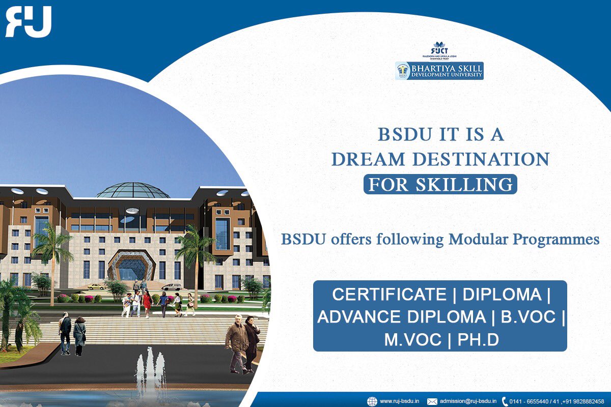 RUJGroup's tweet photo. BSDU is a dream destination for skilling. 

BSDU offers following Modular Programmes. 

CERTIFICATE | DIPLOMA | ADVANCE DIPLOMA | B.Voc | M.Voc | Ph.D

Know More: https://t.co/pXJM9KErIK

#SkillIndia #Skill #MakeInIndia #RujGroup #BSDU #DrJoshi #Education #Phd #SkillAtBSDU https://t.co/4AKdREhVCX