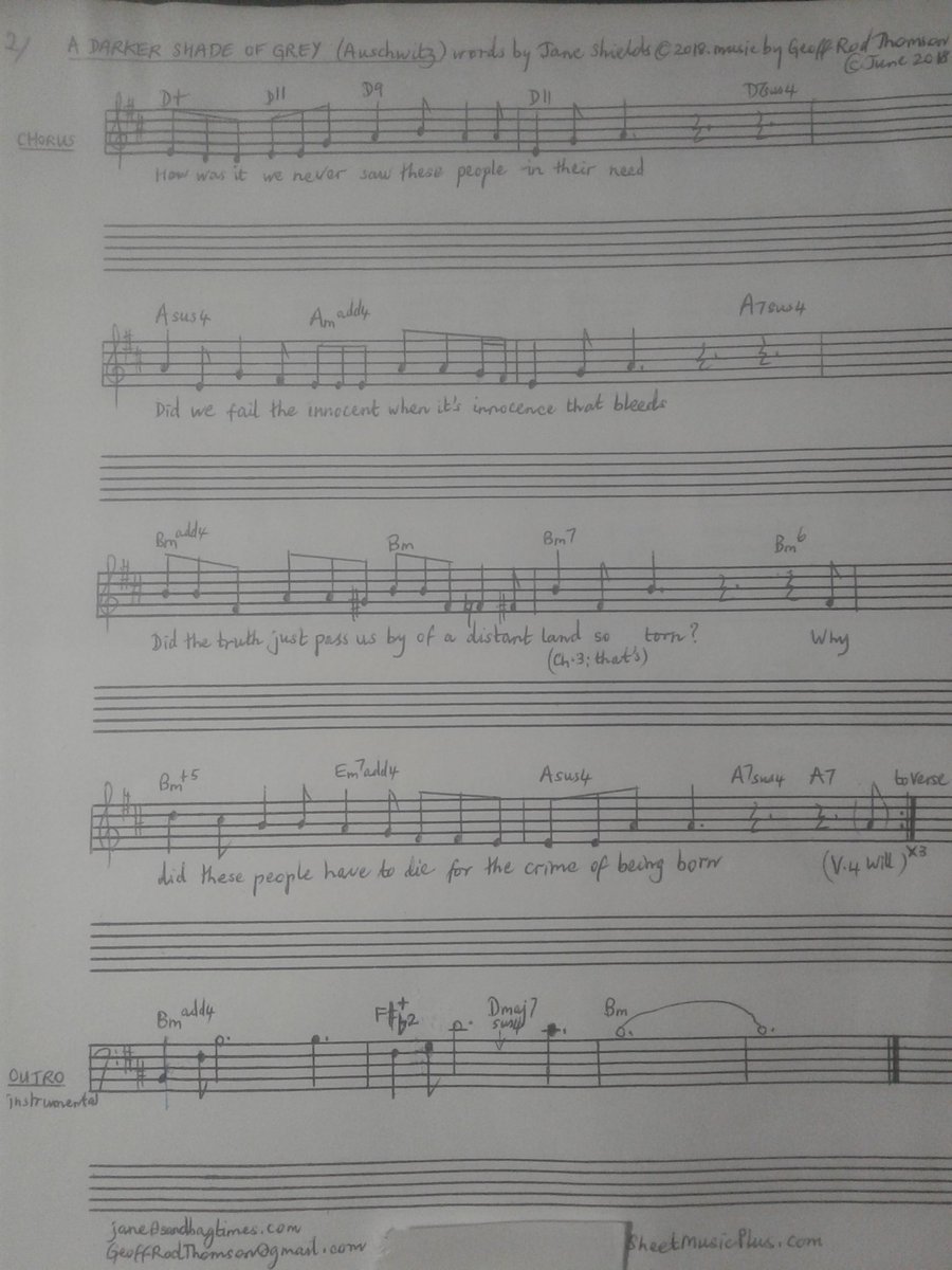 GeoffThomson3's tweet photo. #ADarkerShadeOfGreyAUSCHWITZ #JaneShields #Lyrics #GeoffRodThomson #GeoffThomson #Music #LeadSheet #Auschwitz #Holocaust #NeverAgain #Genocide #AuschwitzMemorial #SheetMusicPlus #Geoffspianosongs #JaneShieldsGeoffRodThomsonSongs GeoffRodThomson@gmail.com #PowerfulPoeticLyrics https://t.co/9KzghEa1NI