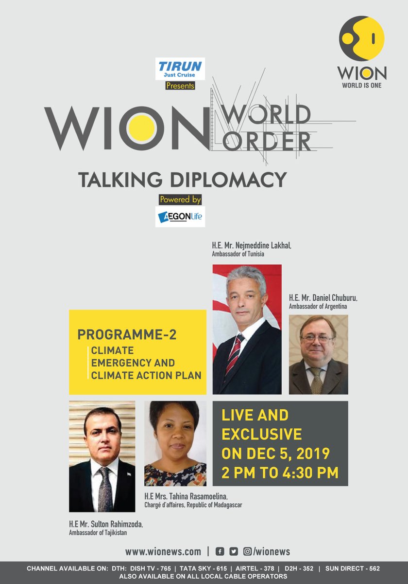 #WIONWorldOrder|Talking #Diplomacy 
Dialogue Partners: 

◙Amb Daniel Chuburu of Argentina, @ARGenIndia 
◙Amb Nejmeddine Lakhal of Tunisia, <a href="/TunisieDiplo/">Tunisie Diplomatie🇹🇳</a>
◙Amb Sulton Rahimzoda of Tajikistan,<a href="/IndEmbDushanbe/">India in Tajikistan</a>
◙Chargé d'affaires of Madagascar, Tahina Rasamoelina, <a href="/IndembTana/">India in Madagascar & Comoros</a>