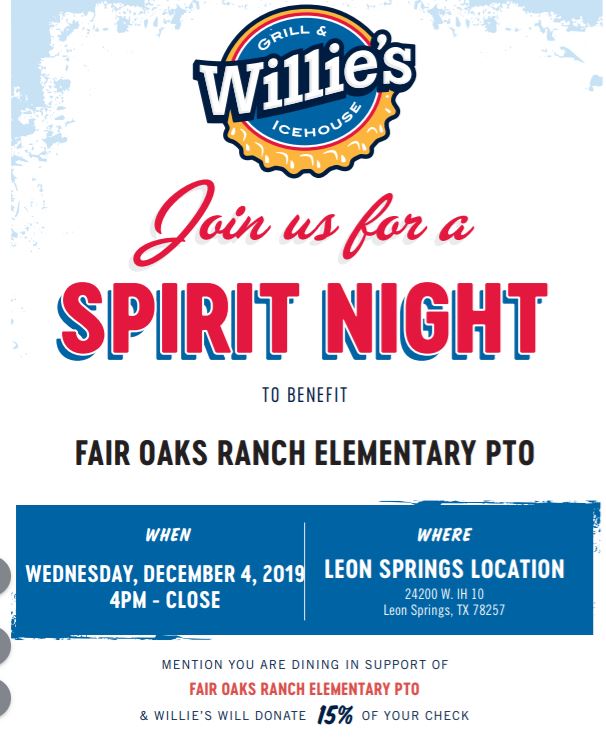 FORES_PTO's tweet image. Why cook tonight?  Join us for Spirit Night @ Willie's - Leon Springs!
