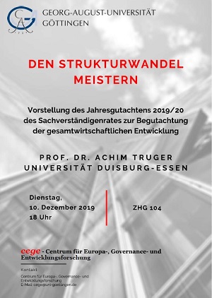 Veranstaltungshinweis: Prof. Dr. <a href="/AchimTruger/">Achim Truger</a> stellt am 10. Dezember um 18 Uhr in #Göttingen (Hörsaal ZHG 104) das #Jahresgutachten des Sachverständigungsrates zur Begutachtung der gesamtwirtschaftlichen Entwicklung vor: "Den #Strukturwandel meistern" <a href="/SVR_Wirtschaft/">Sachverständigenrat Wirtschaft</a>