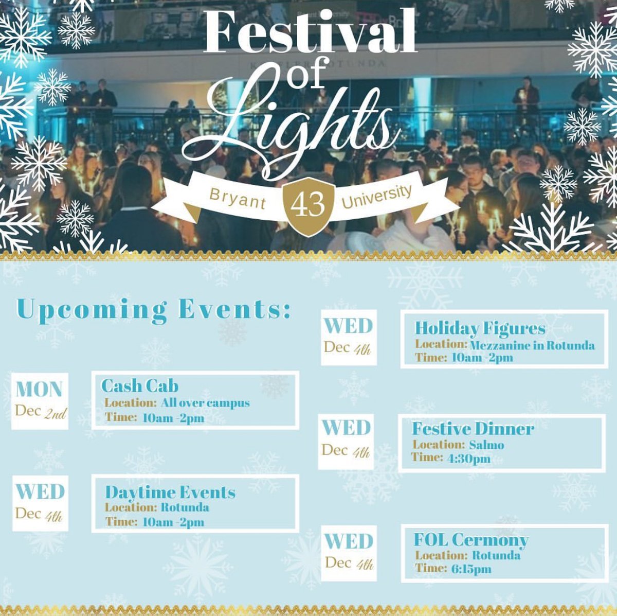 BIG day for the 43rd Annual, Bryant University Festival of Lights! ✨❄️ Make sure you participate in some of the fun today, all day!