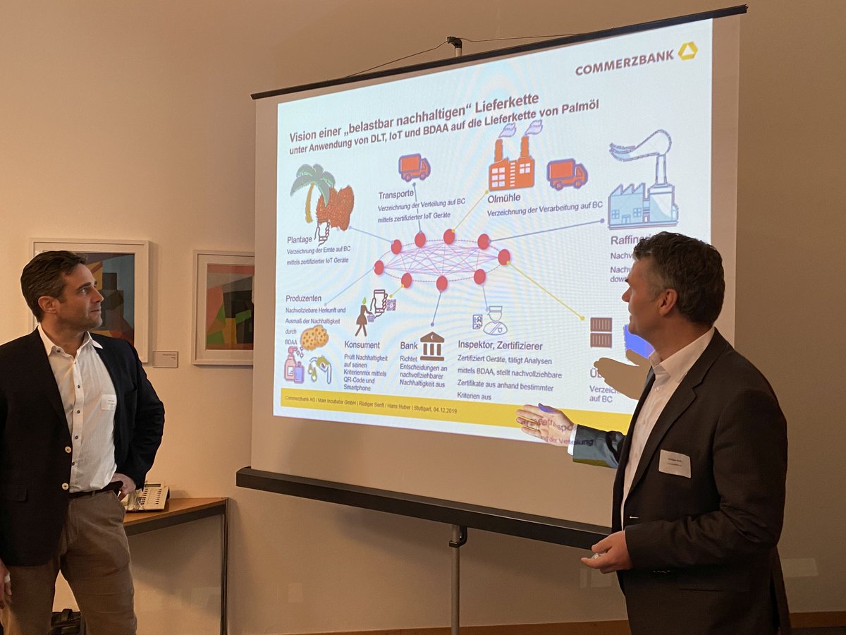 RudigerSenft's tweet photo. Thanks for the great #discussion about #sustainability and #digitalization in the #SupplyChain of #palmoil. #DLT #blockchain, #IoT and #MachineLearning could make a difference! Great cooperation with @mainincubator, the #RnD unit of @commerzbank . @RSPOtweets @FONAP_DE https://t.co/qqVK9sySOh