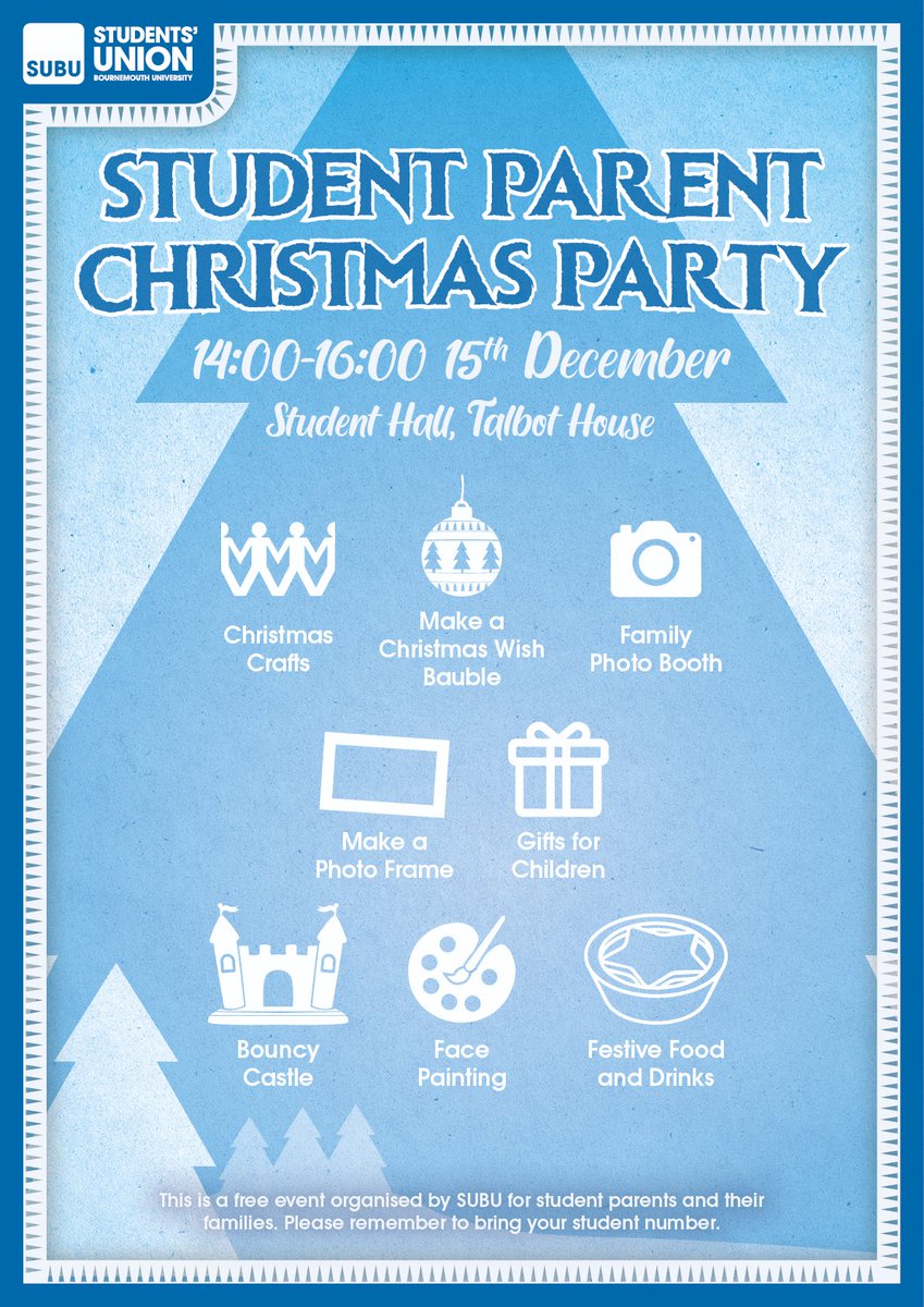 🎉🎉It's that time of year again🎉🎉

Bring along the kids to this years Student Parent Christmas Party 🎄🎅

Pop into the Student Hall (Talbot House) on Sunday 15th for some crafts, face painting and have some festive food and drinks (plus a gift for the children)🎁