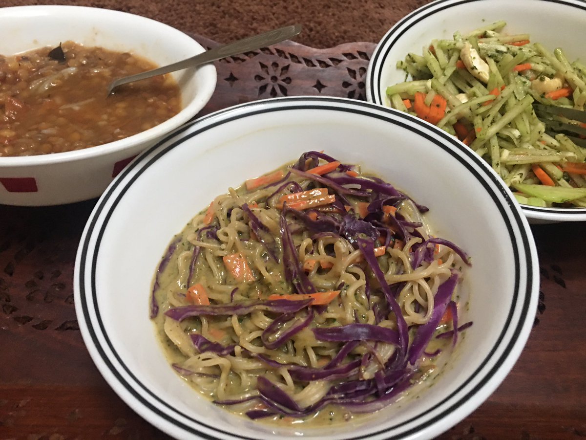 Snowy day, craving for warm beach, sunshine & spicy Thai food... made do with Thai inspired peanut sesame noodles, chayote squash salad & a hearty bowl of lentil soup aka masoor or dal.  #vegan  #vegetarian  #foodie