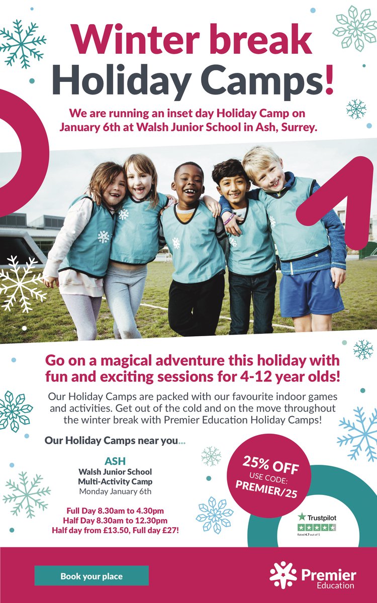 Don't forget the inset day at Walsh Junior on January 6th 2020.  Book a place now at premiers camp at premier-education.com and get peace of mind.  Use code PREMIER/25 for 25% discount too! Its open to all neighbouring schools with the same inset day too.