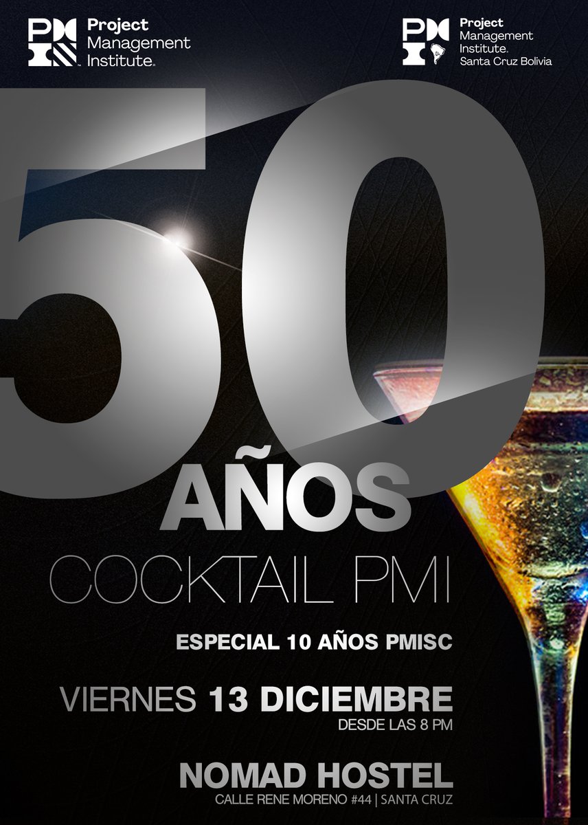¡Acompáñanos a celebrar 50 años de profesión! Este 13 de diciembre, celebraremos los 50 años de PMI y además los 10 años del capitulo. ¡No faltes!

Evento exclusivo para miembros del Capitulo PMISC.

Confirma tu asistencia en el siguiente enlace: bit.ly/2DGRqk7

#PMISC10