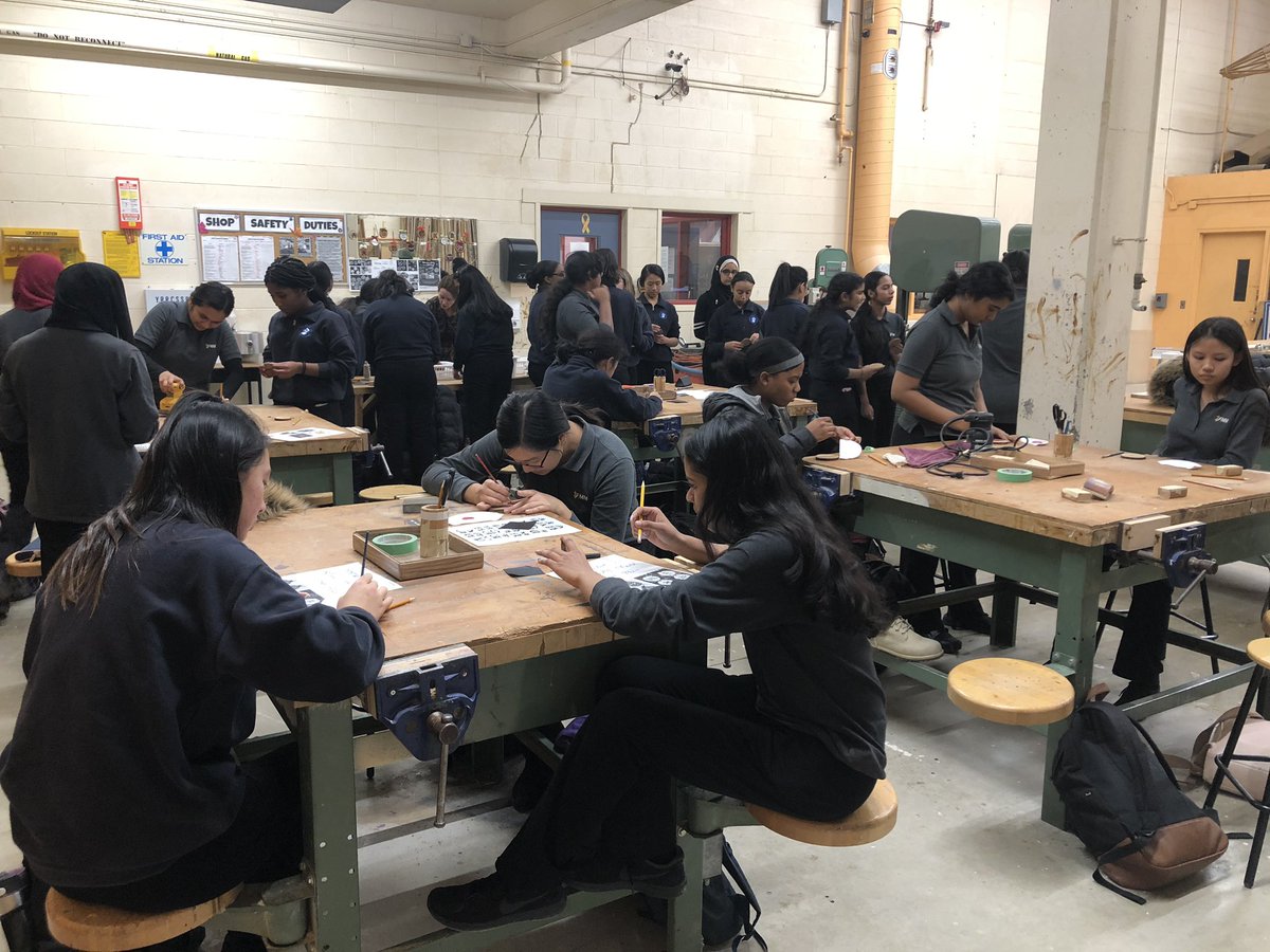 TechFmm's tweet image. Over 40 female students at FMM used power tools in the Wood Shop for the first phase of their hand crafted wood ornament.  Second phase workshop to take place on Tuesday Dec 10th. @FMMtweets @fmmrobotics2019 @TechFmm #womeninconstruction #womenintech #womenintrades