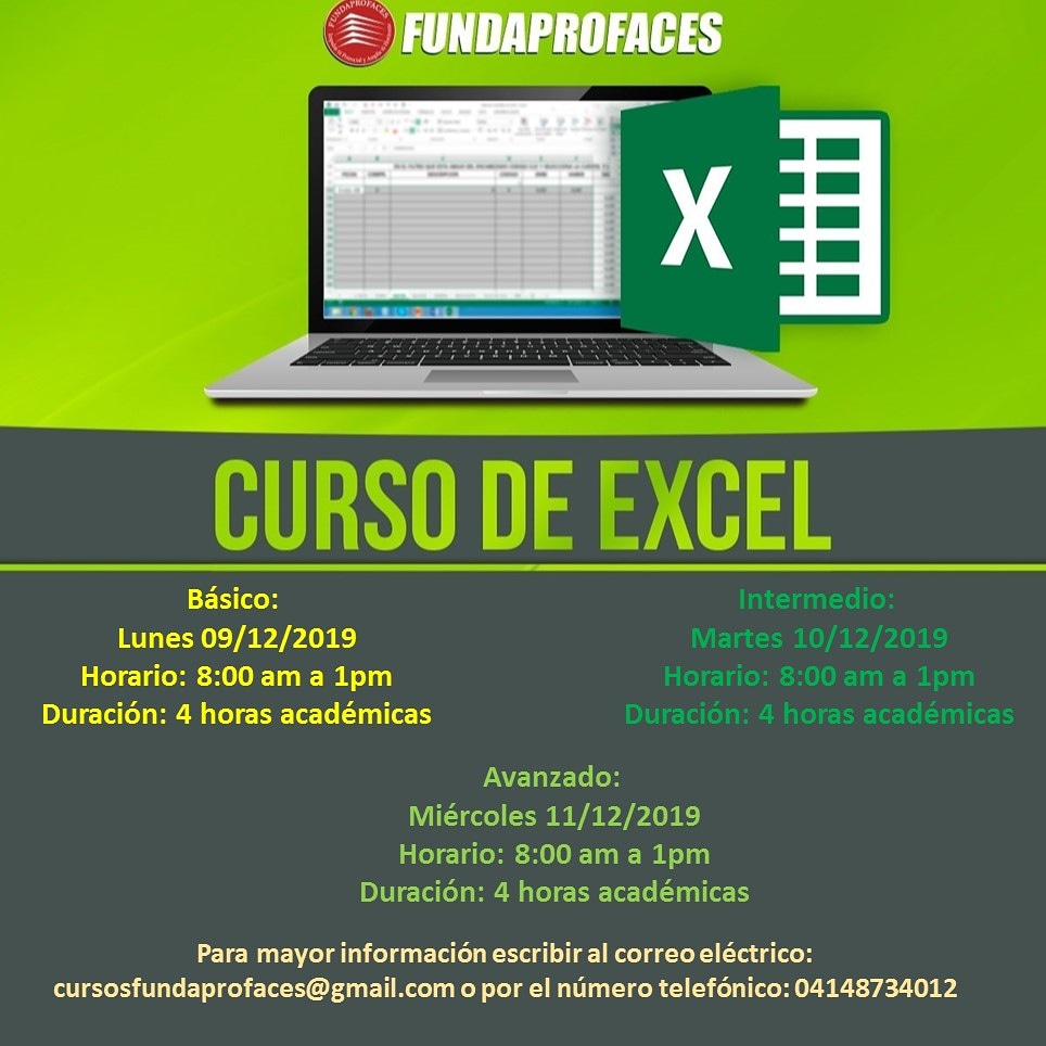 Últimos cupos!! Cerrando inscripciones para el  curso de Excel básico, intermedio y avanzado. Te esperamos este lunes 09 de Diciembre #fundaprofaces #facesuc1 #cursodeexcel