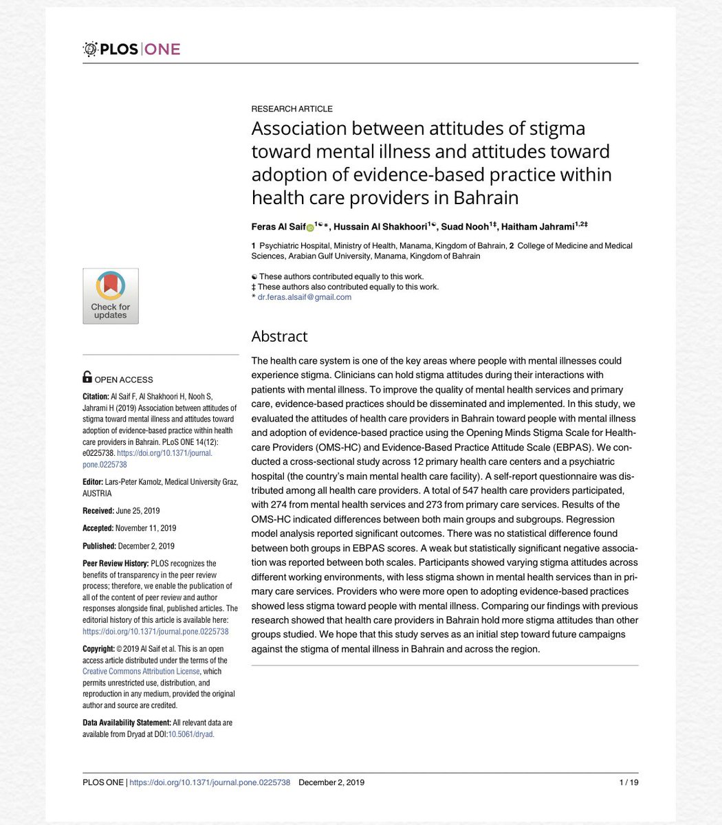 adelaloffi's tweet image. New paper published in #mental_health #bahrain  #plos_one “association between attitude of stigma towards mental illness and attitude towards adoption of evidence based practice within health care providers “