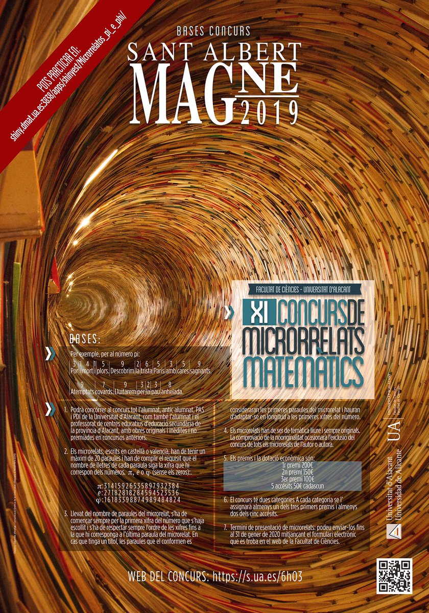 juliomulero's tweet image. Un año más, y ya van once, la Facultad de Ciencias de la @UA_Universidad convoca el Concurso de Microrrelatos Matemáticos.

📌 Para toda la comunidad universitaria de la UA y centros de secundaria de la provincia de Alicante.

🔊 ¡➕ premios! ¡➕ números!¡➕ cuentos y ➕ cuentas!