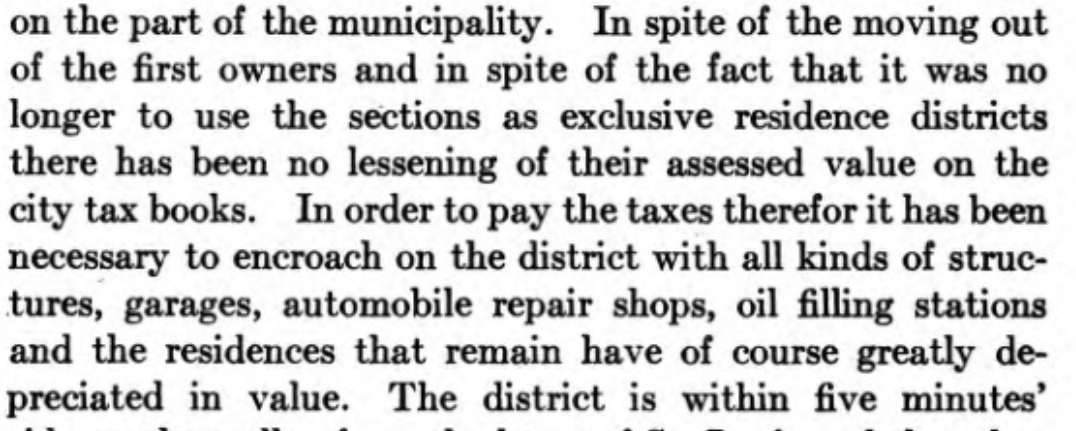 Cunliff argues that these historic areas became "blighted" not because of the "undesirable people" that moved in, nor the boarding houses themselves, but high taxes that have forced higher rent commercial uses that have "of course" reduced the property value of the homes. (Huh?)
