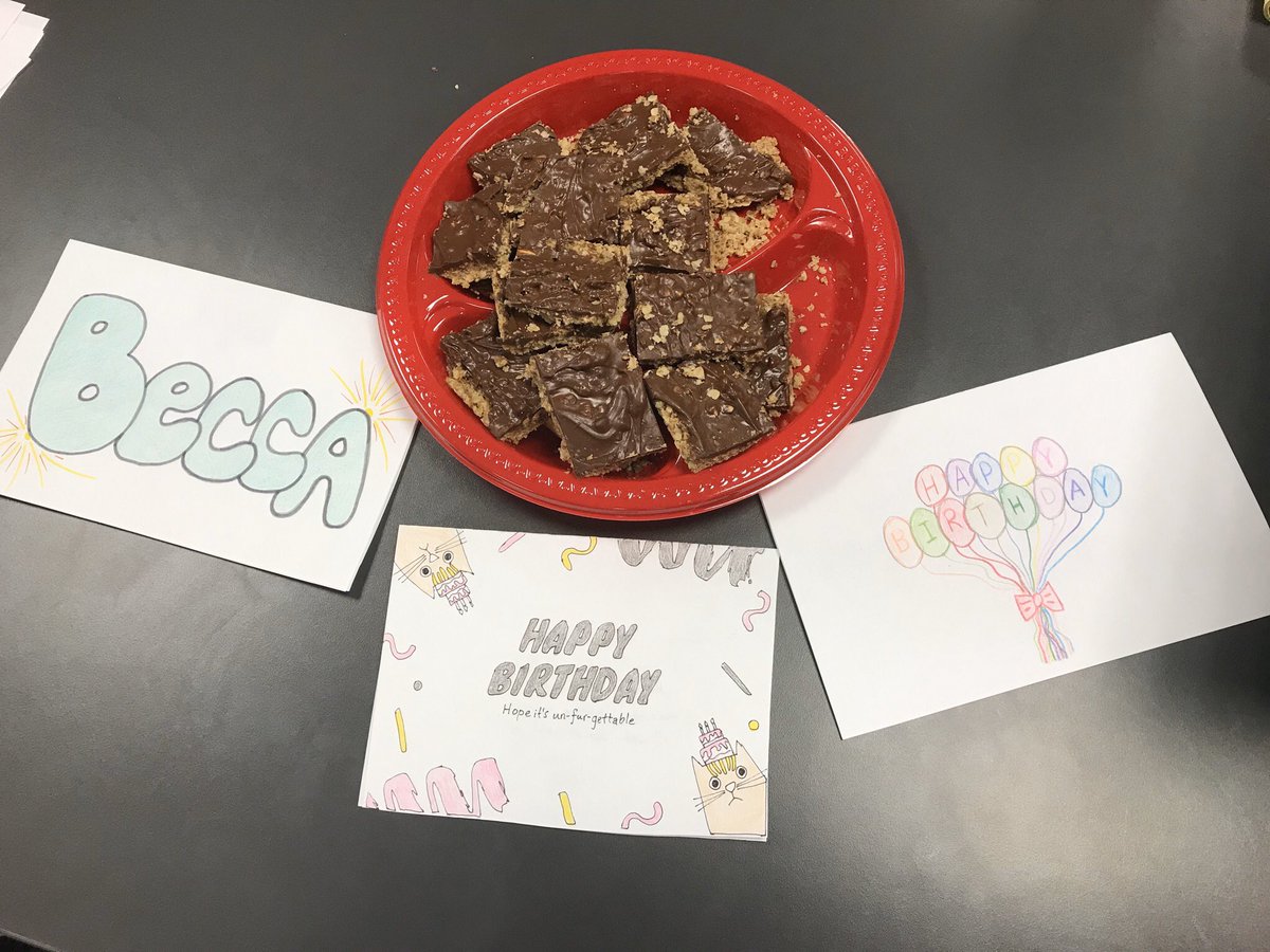 KatieSleepPT's tweet photo. Happy birthday to #SleepWellLab member @SleepOT_Becca! (She declined to be in a picture so cards/treat best I could do). Learned lab members have some serious artistic talent! 👩🎨 🎨 https://t.co/YNLPltwd1v