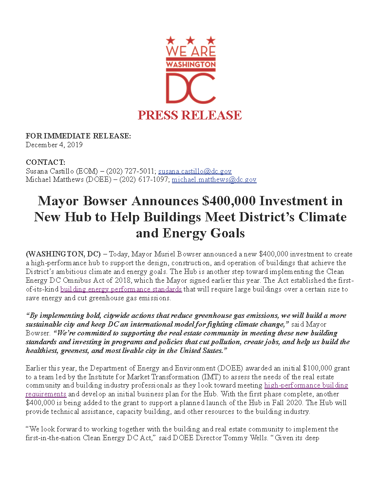 DOEE_DC's tweet photo. BREAKING: @MayorBowser Announces $400,000 Investment in New Hub to Help Buildings Meet District’s Climate and Energy Goals. The Hub is another step toward implementing the #CleanEnergyDC Omnibus Act of 2018, signed earlier this year. https://t.co/d0BMl31myl