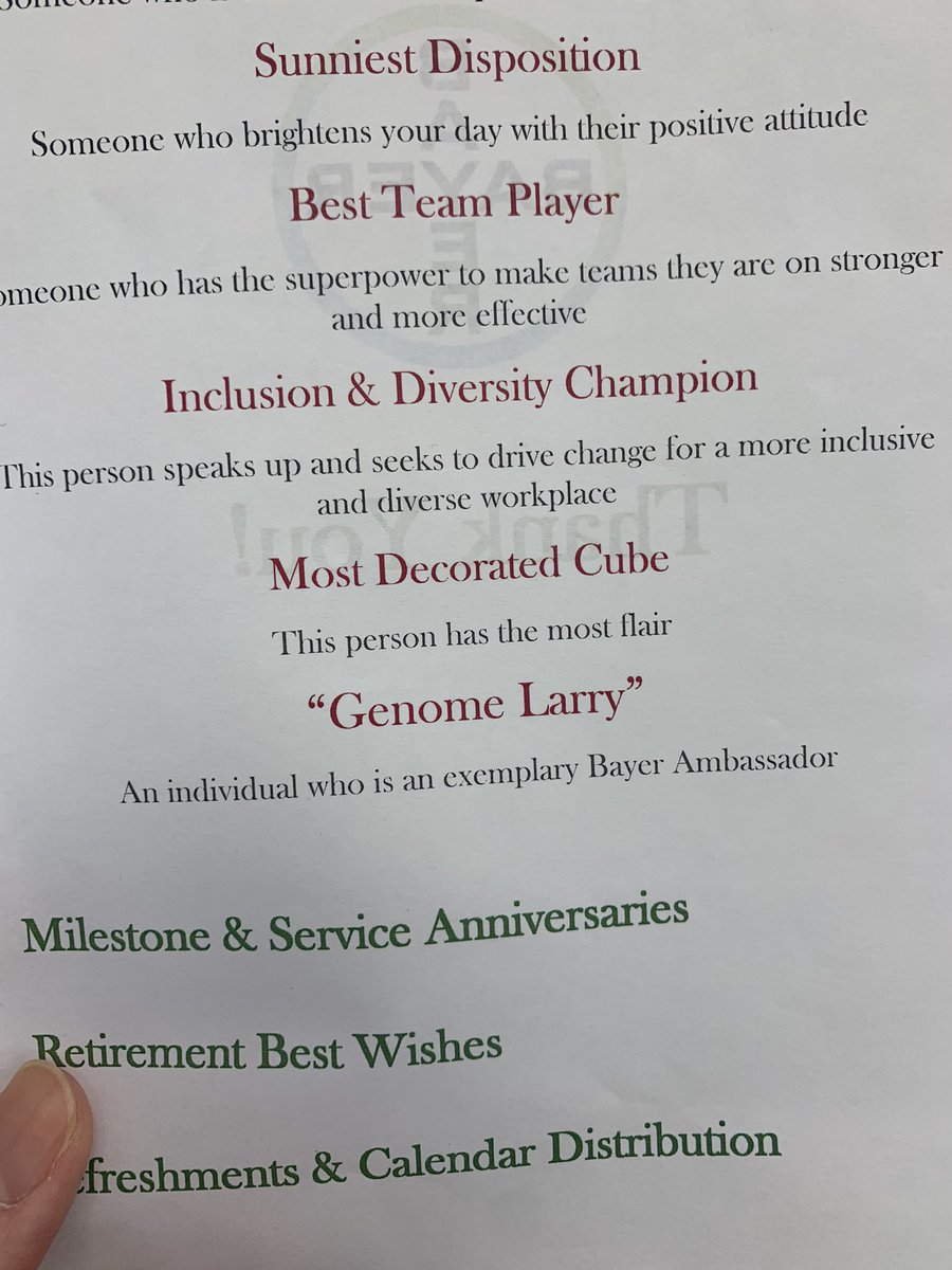 Christine Shyu (@cs_biotech) on Twitter photo 1. Awards are awesome.
2. Peer-nominated awards are even better.
3. A peer-nominated <a href="/GenomeLarry/">Larry Gilbertson</a> Award means so much more.
4. The 3D-printed DNA 🧬 trophy just nails it.
#ThankYou #ilovemyjob <a href="/Bayer4Crops/">Bayer | Crop Science</a> #yearendcelebration 1. Awards are awesome.
2. Peer-nominated awards are even better.
3. A peer-nominated <a href="/GenomeLarry/">Larry Gilbertson</a> Award means so much more.
4. The 3D-printed DNA 🧬 trophy just nails it.
#ThankYou #ilovemyjob <a href="/Bayer4Crops/">Bayer | Crop Science</a> #yearendcelebration