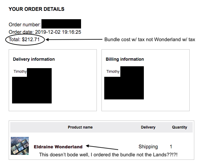 timredbeard's tweet photo. Ok @wizards_magic @Wizards_Help my shipping confirmation for my #MTGSecretLair bundle. What's wrong with this picture? Eldraine Wonderland? Nope not what I ordered!! Anyone else's like this? #scalefail #WoTCFailsAgain @MagicEsports @Hasbro #MTGSecretLair https://t.co/XBPvVMZC3f