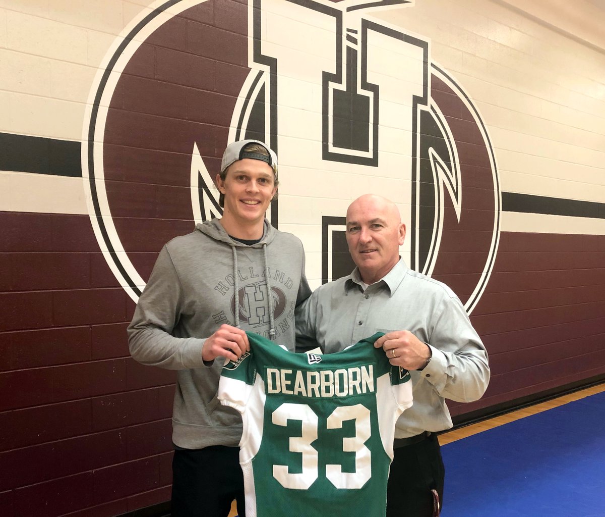 HC_Hurricanes's tweet photo. We had a special guest today at the @HC_CCE, former @canesmfootball, and current member of @sskroughriders of @CFL, Jay Dearborn.

Jay presented Albert Roche, Athletics Director at @hollandcollege, with one of his game-used jerseys from this season.

Thanks Jay!

#HurricanesPride https://t.co/PnVNuzm7Pi