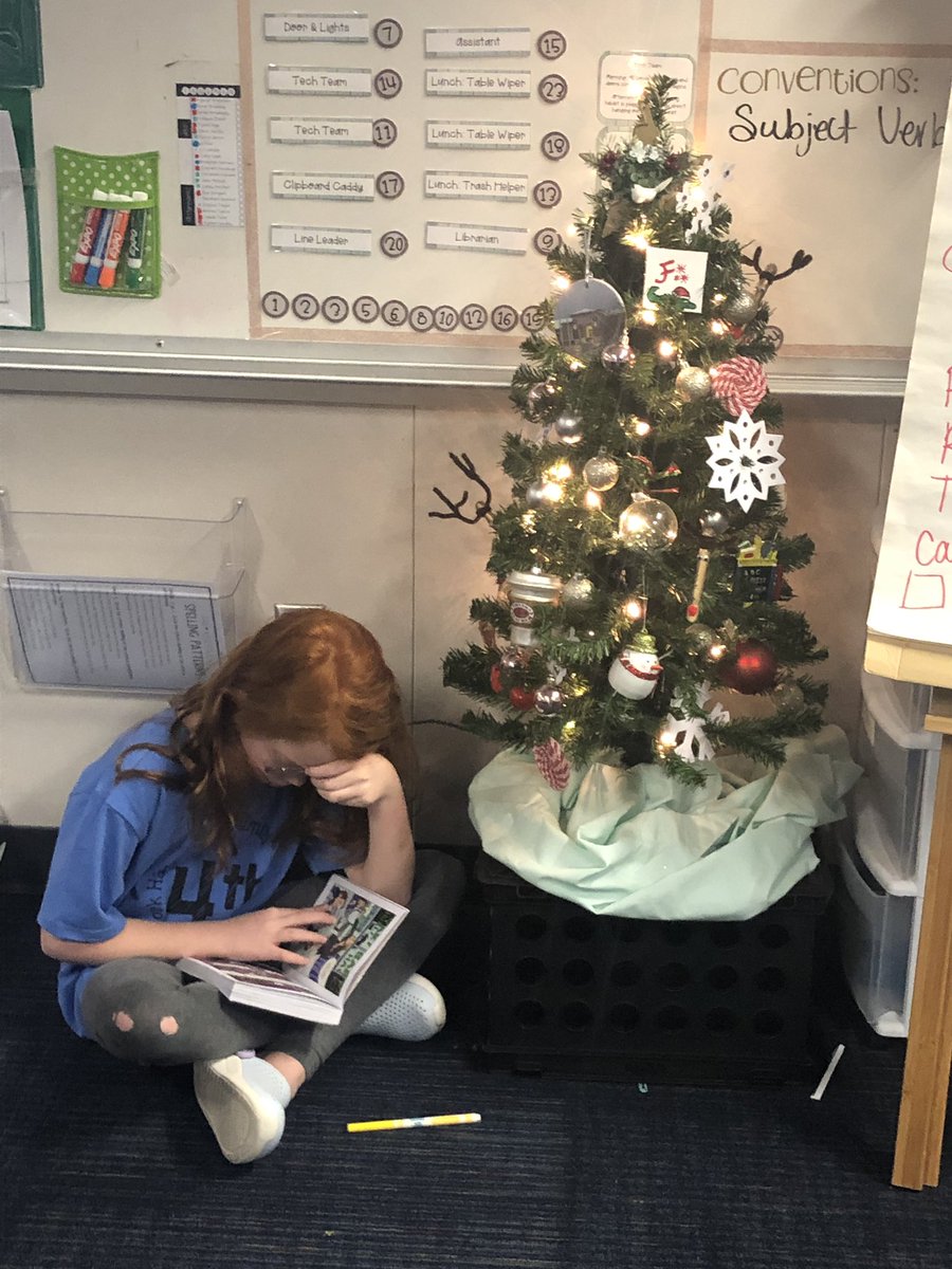 5thwithFangman's tweet photo. Reading by the tree and the “fire” are some of our favorite things about December reading! #independentreading #decemberintheclassroom @4thHyde #read https://t.co/s1ynW1vLpz