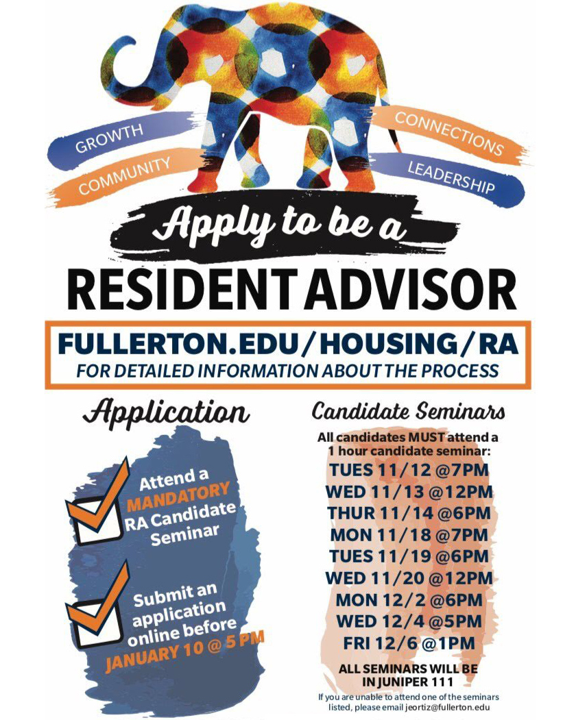 There's still time to apply to be a Resident Advisor! You can apply at Fullerton.edu/Housing/RA 

Today and Friday are the last candidate seminars which you must attend at least one if you wish to apply. If you can't, please email jeortiz@fullerton.edu as soon as possible.