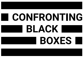 Image of confronting black boxes report logo, which consists of black bars and the text "Confronting Black Boxes".