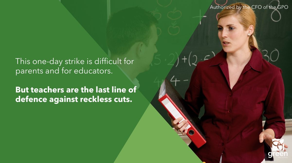 OntarioGreens's tweet photo. Teachers are standing up for students' future.

This one-day strike is difficult for everyone.
For parents, for their kids, and for educators.

But teachers are the last line of defence against reckless cuts, and we support them in their action.

#onted #NoCutsToEducation #OSSTF https://t.co/Gs7fYOnnTL
