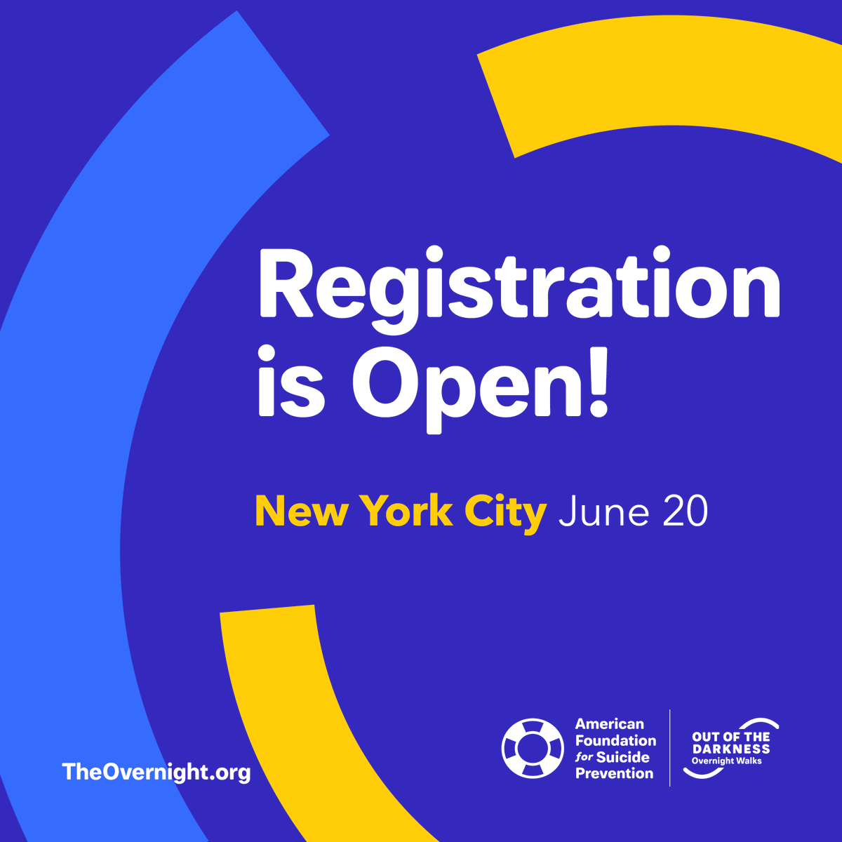 afspnational's tweet image. Registration for the 25th #OvernightWalk is now open! We will be hosting the Walk on June 20th this year in New York City, where we were founded 33 years ago.

Register now using LAUNCH for a $25 registration fee and $100 fundraising credit👉 theovernight.org/register