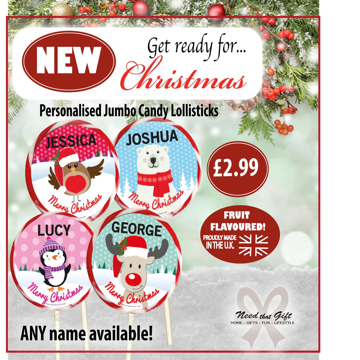 NeedThatGift's tweet image. ✨NEW &amp;amp; IMPROVED LOLLY DESIGN!✨
         Great stocking filler!🎁

&amp;gt;&amp;gt; cutt.ly/Re3Nqxp

Festive fruit flavour lolly for you to personalise! 4 designs available. 12 letters maximum...🎅🎄

Proudly made in the U.K. 🇬🇧

ONLY £2.99 🤪

#StockingFiller #Christmas #GiftIdeas