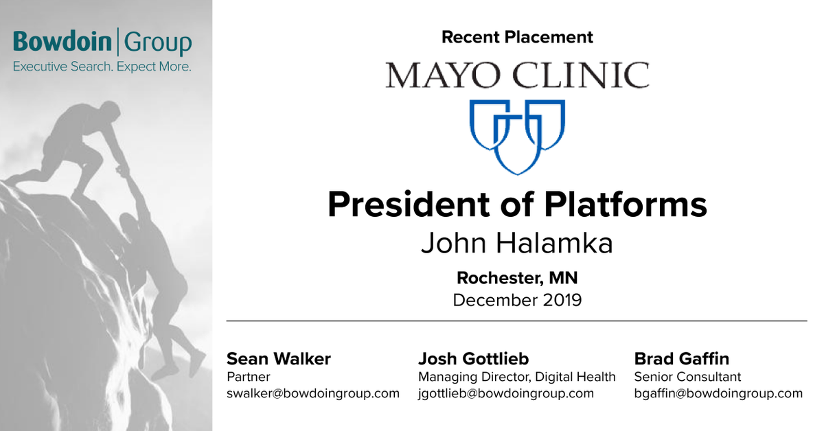 BowdoinGroup's tweet image. Congratulations to Dr. John Halamka, new #President of Platforms at the @MayoClinic. It was a privilege working with the entire team! #DigitalHealth #HealthTech #Healthcare #ExecutiveSearch #InnovationEconomy hubs.ly/H0m4Jq40