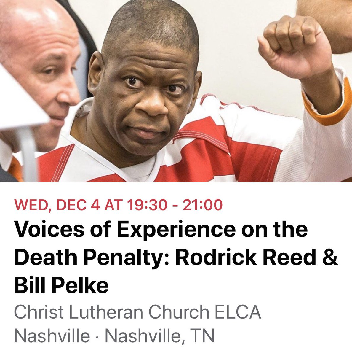 FreeRodneyReed's tweet photo. Event TONIGHT in Nashville TN. Here’s the link ➡️https://t.co/UoLF25ehIj #Nashville #Tennessee #FreeRodneyReed #EndTheDeathPenalty #RodrickReed #BillPelke @BringRodneyHome https://t.co/FzpejYciYJ