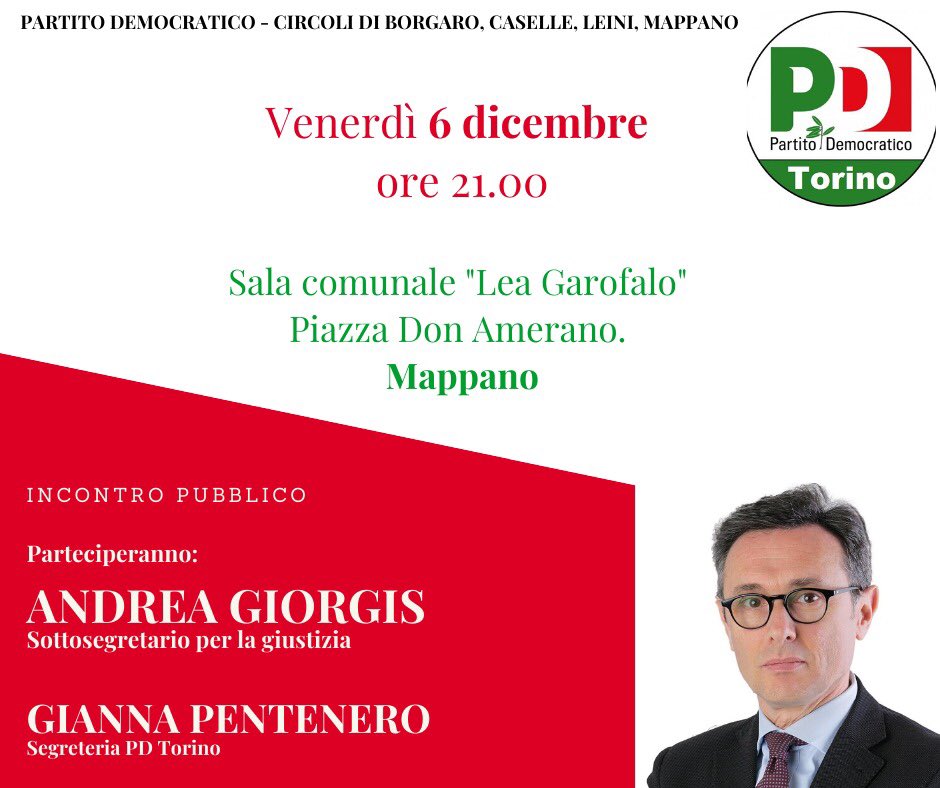 GiannaPentenero's tweet photo. Vi aspetto venerdì 6 dicembre alle 21 a #Mappano, nella sala comunale “Lea Garofalo”, per un incontro con il sottosegretario Andrea Giorgis: parleremo di #giustizia, naturalmente, e di #LeggediBilancio 
Non mancate! https://t.co/lothGPktgR