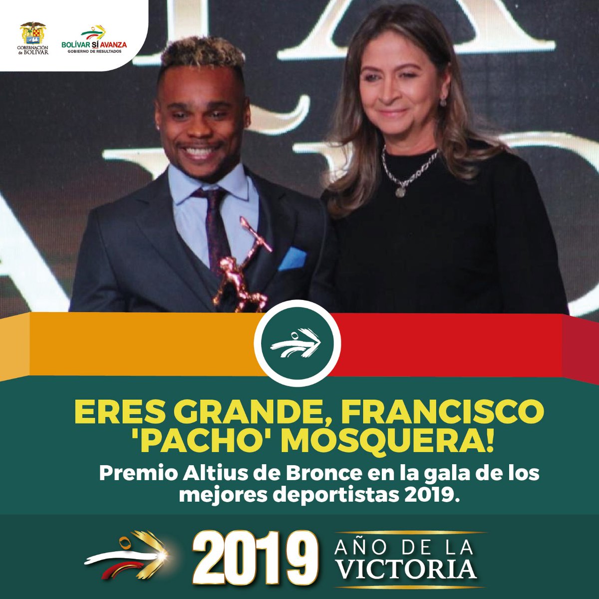 ¡Eres grande, Francisco Mosquera! Con gran alegría les comparto esta noticia, anoche durante la gala de los mejores deportistas 2019 organizada por el Comité Olímpico Colombiano, nuestro pesista bolivarense 'Pacho' Mosquera recibió el Altius de Bronce. Eres orgullo bolivarense🇱🇹.