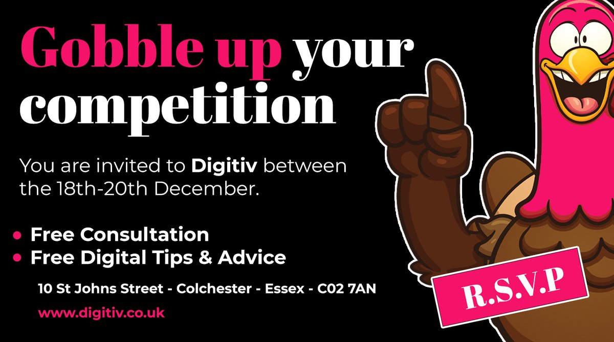 Digitiv (@digitivuk) on Twitter photo Join our Christmas drinks event between 18th-20th Dec! We’re offering free digital marketing advice & consultations over these 3 days, to help you gobble up your competition
Free event but limited spaces avail. Email: info@digitiv.co.uk or DM to book
#colchester #essex #Webdesign Join our Christmas drinks event between 18th-20th Dec! We’re offering free digital marketing advice & consultations over these 3 days, to help you gobble up your competition
Free event but limited spaces avail. Email: info@digitiv.co.uk or DM to book
#colchester #essex #Webdesign