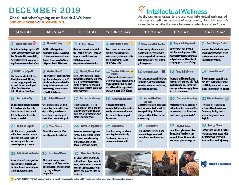 Our December #BeWellUNH calendar is all about intellectual wellness and how to work towards finding a balance between work/study and self-care/pleasure.Download the calendar here: http://unh.me/Cjzr30pZ0r2 @UNHStudents @UNH_GradSchool @UofNH @unhlibrary