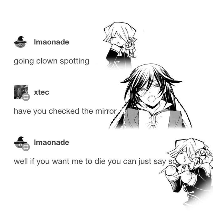 i don't just draw. sometimes i scroll best of tumblr text posts threads and spend 5 mins crudely editing pandora hearts characters on top 