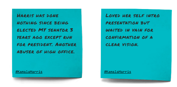 NBCNewsGraphics's tweet photo. With Kamala Harris out of the Democratic primary, these #ElectionConfessions show how @NBCNews readers felt about her candidacy https://t.co/Sa81ijd5Do https://t.co/uP8IGLPocs