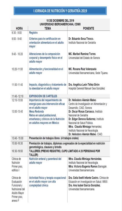 Buen día a todos:

Les comparto el programa de la Primera Jornada de Nutrición y Geriatría, organizada por el Departamento de Salud. Es el día martes 10 de noviembre y el registro de los talleres lo pueden realizar al correo  ana.garcia@ibero.mx 
#Nutricion #Geriatria #Salud
