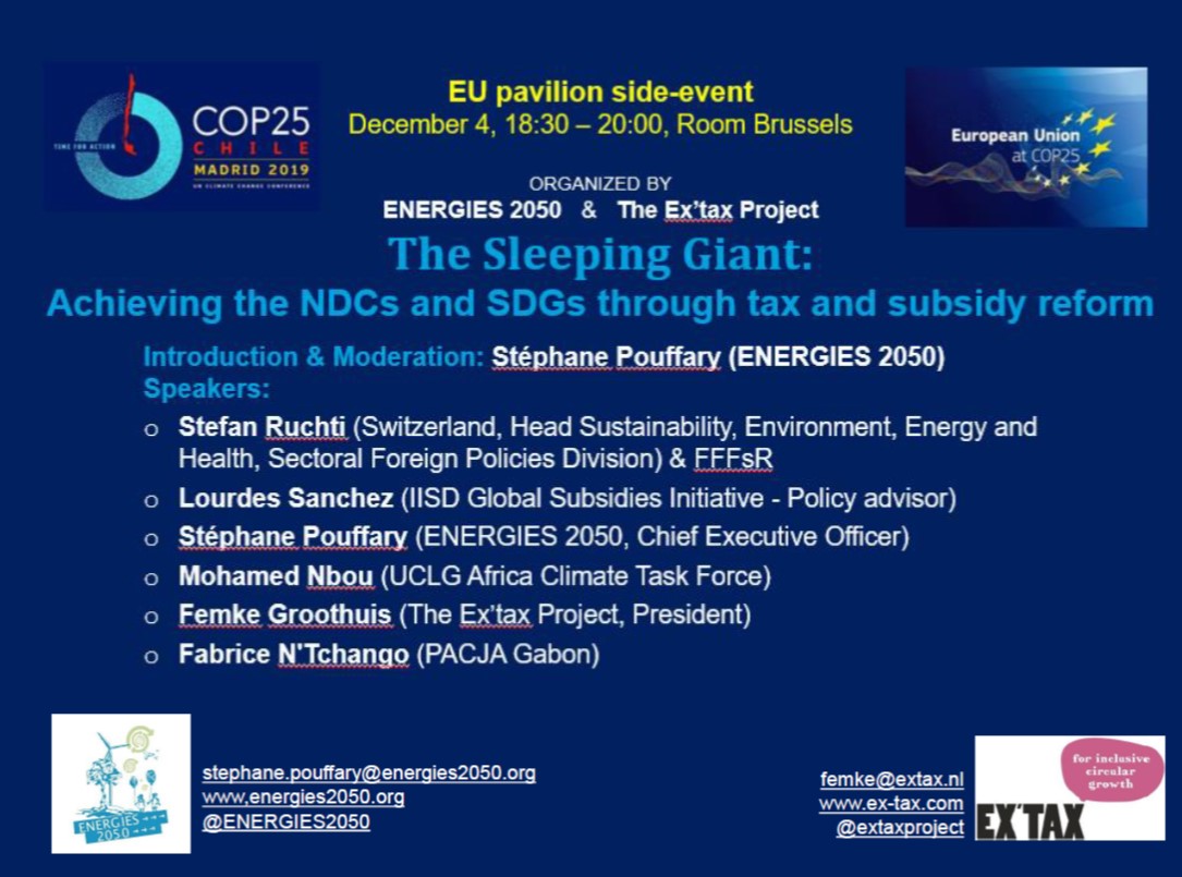 #COP25Madrid Join our discussion #EUeventsCOP25 Dec 4, 18:00-20:00 Hall 8  #United4Climate on #NDCs #SDGs @globalsubsidies #FFFsR #FossilFuelSubsidyReform @CCNUCC  @swiss_un @extaxproject @femkegroothuis @UCLGAfrica @PACJA1 @enbclimate  #circulareconomy #ClimateAmbition
