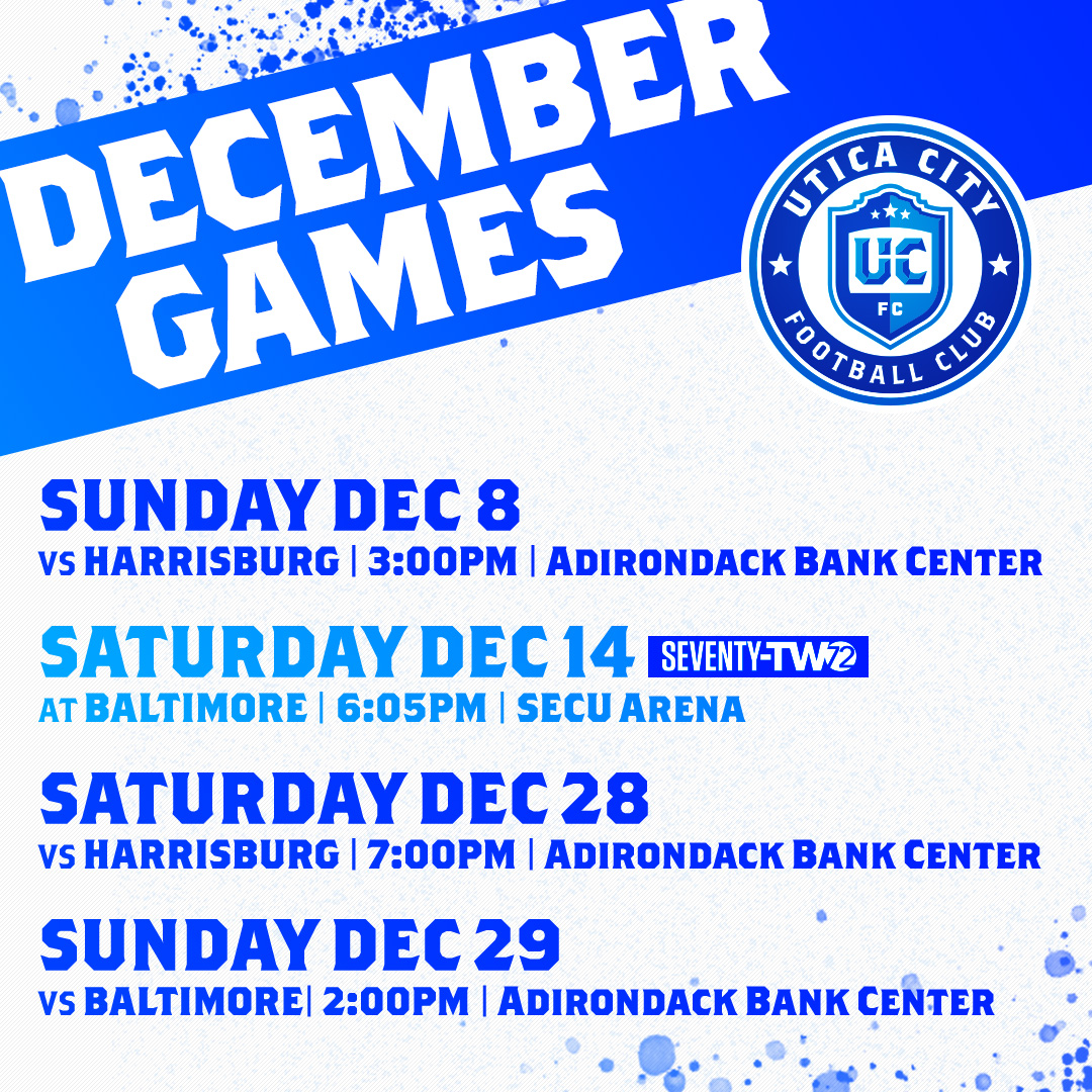 UticaCityFC's tweet photo. Four huge matches in December! Will we see you this month?! It all starts this Sunday at 3pm! https://t.co/0kBDOtiHPy