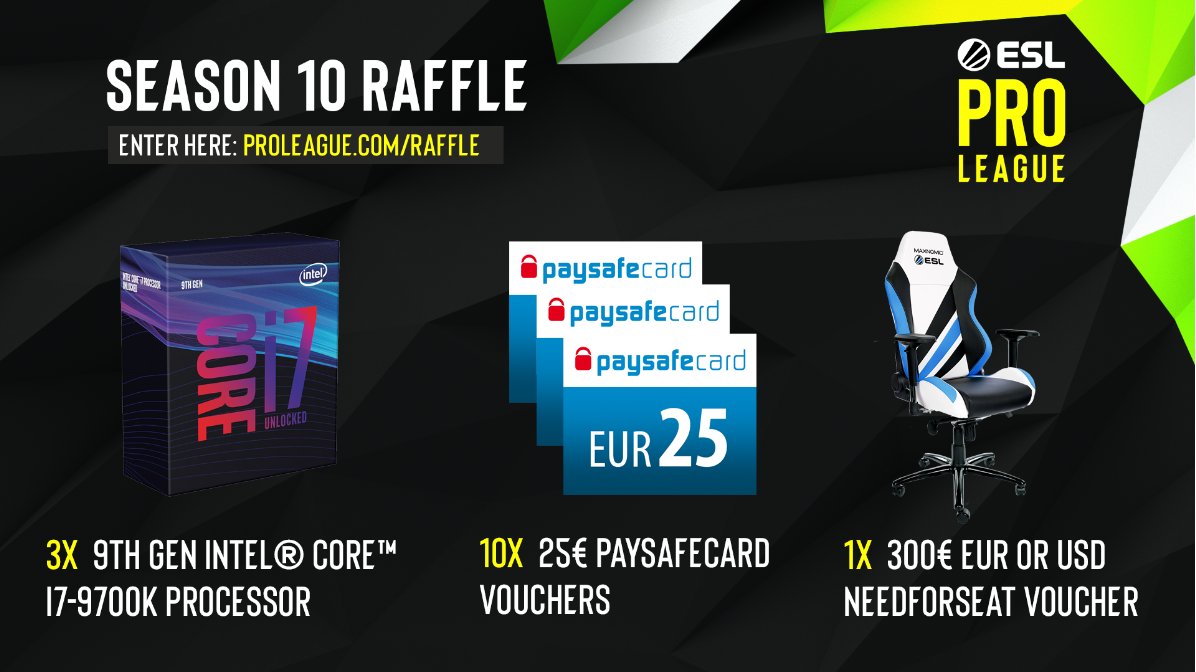 ESLCS's tweet image. Enter the #ESLProLeague Season 10 raffle for your chance to win @IntelGaming i7 CPUs, @paysafecard &amp;amp; @NEEDforSEAT vouchers!

proleague.com/raffle