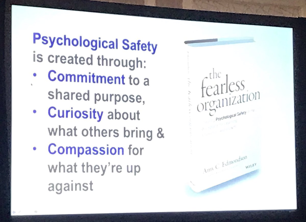 stephkbrewer's tweet photo. Thank you @AmyCEdmondson for sharing how groups with psychological safety have better outcomes! Leaders can ask questions like "Who has a different perspective?" to frame the work, invite engagement, &amp; respond productively #DIScience19 @AcademyHealth @WorkFearlessly https://t.co/1gxyvO92eF
