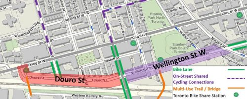 CycleToronto's tweet image. Bike lanes are being proposed on Douro &amp;amp; Wellington west of Niagara. We could potentially see this gap in the network closed. #BuildTheGrid

Info: toronto.ca/douro-wellingt…
Feedback: cotsurvey.chkmkt.com/douro-wellingt…
Public Meeting:  
When: 6-8PM, Dec 9
Where: 155 Crawford St