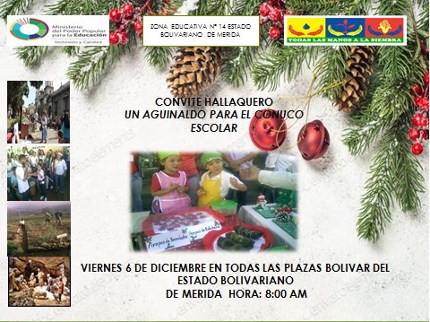 Gran convite hallaquero un aguinaldo para el conuco escolar en todas Plazas Bolivar del estado Bolivariano de Merida, este viernes 6 de Diciembre. PTMS MERIDA <a href="/mppevzla/">MPPEducación</a> @MPPEDUCACION <a href="/PTMSNACIONAL/">Programa Todas las Manos a la Siembra</a> <a href="/NnelsonRuiz28/">Nelson Ruiz Mendoza</a> <a href="/CMJonathanA/">Jonathan Contreras</a> <a href="/merida_ze/">Merida Zeek</a> <a href="/JEHYSONGUZMAN/">JEHYSON GUZMÁN</a>