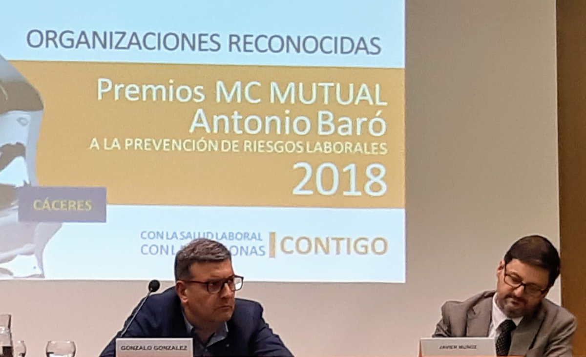 rubenloli12's tweet photo. Es el turno de Gonzalo Gonzalez, Jefe de Inspección de Trabajo y Seguridad Social de #Cáceres para dar su visión de la problemática en #PRL, entrega de Premiosn #BaróPRL de @MCMUTUAL https://t.co/jOW23Vrsee