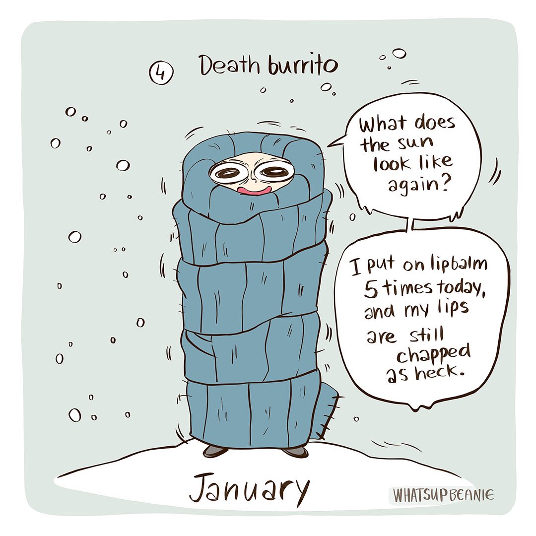 Honestly I wish I could just wear a blanket with me wherever I went. That would be GREAT. This is a re-do of an old comic I made a few years back. I think I drew it during our first winter in Canada. It was my husband Mike's first proper winter and my first winter in 10 years.