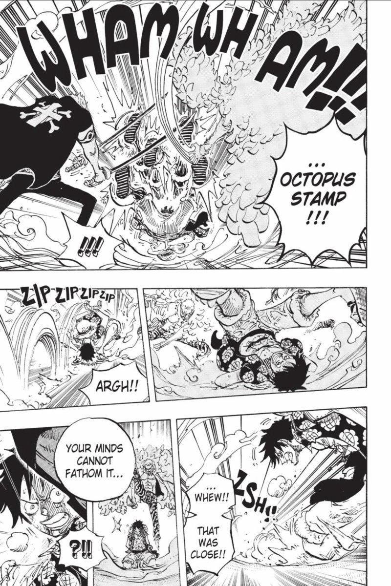 Thematically I really dig this sequence. Luffy throws everything he can - a flurry of kicks - just to survive, and spends three panels rolling away, only for Doffy to teleport over and DBZ spike him into the underworld with a single kick. Excellent and visceral.  #OPGrant
